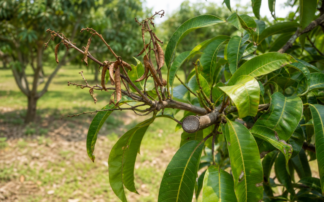 Mango branch showing dieback symptoms with healthy leaves and brown dried tips