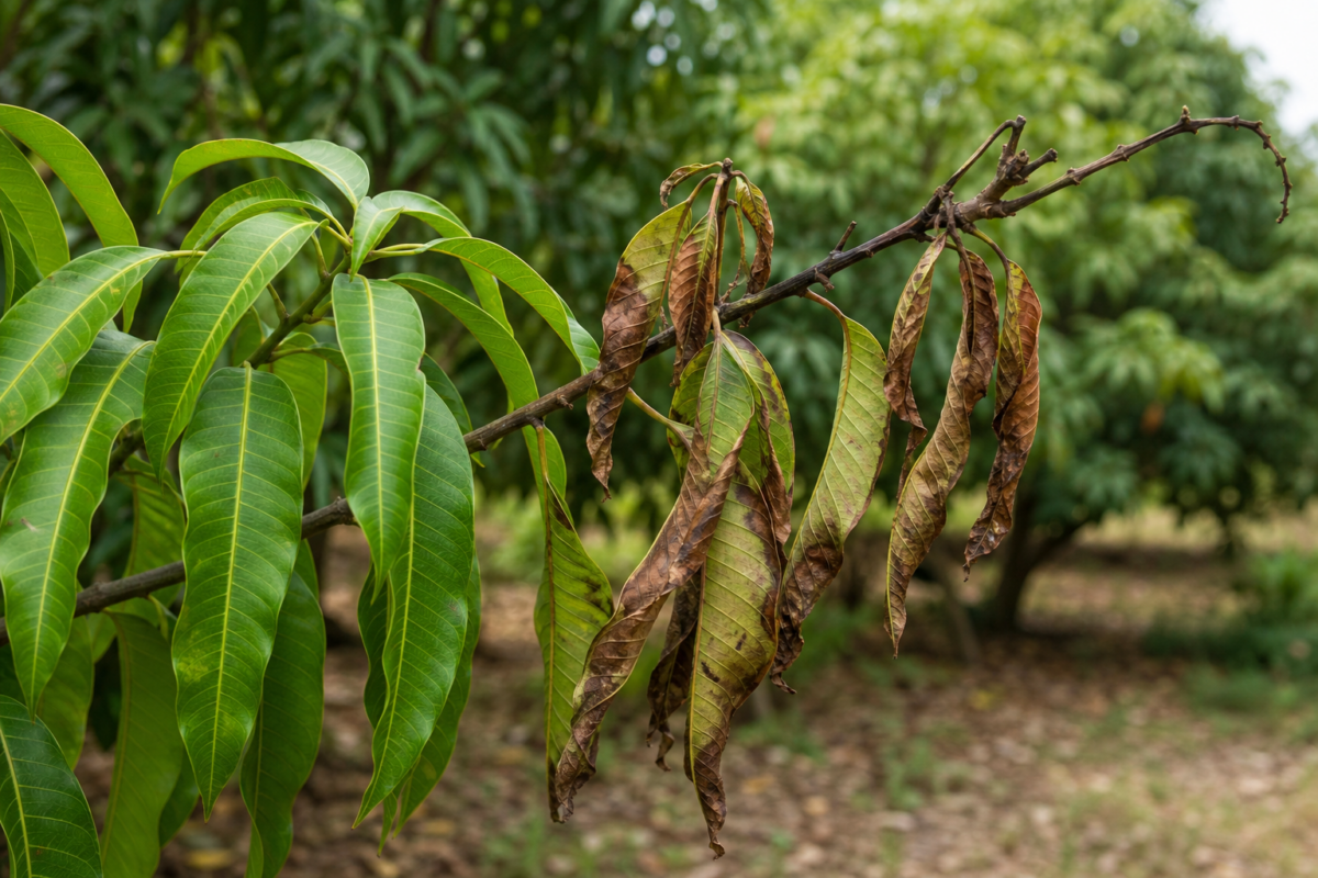 Mango dieback symptoms showing healthy leaves, brown leaf tips, and dark twig dieback on a mango branch