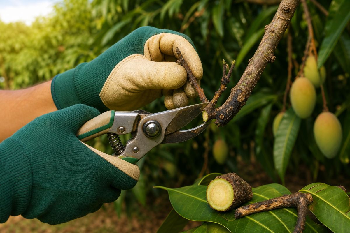 Gloved hands pruning a diseased mango twig back to healthy wood to manage mango dieback