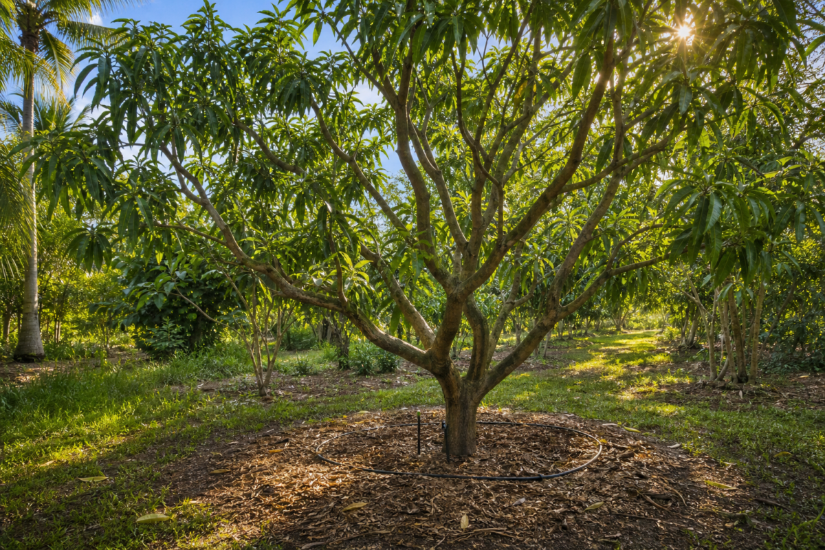 Healthy mango tree canopy with good airflow, mulch, and irrigation showing prevention practices for mango dieback