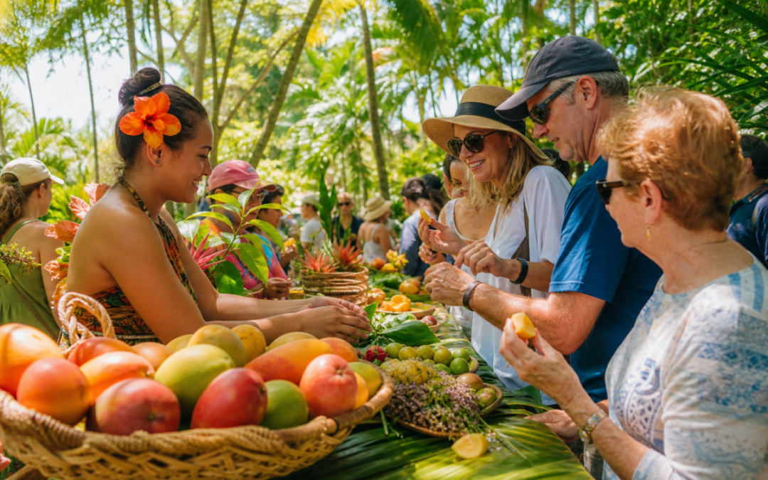 Fairchild Mango Festival 2026 in Miami with ripe mangoes, tropical garden setting, and visitors at a mango tasting table