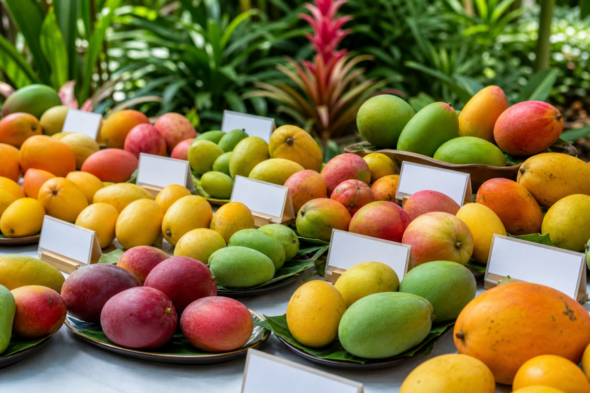 Assorted mango varieties displayed on a tasting table at a Fairchild Mango Festival style event in Miami