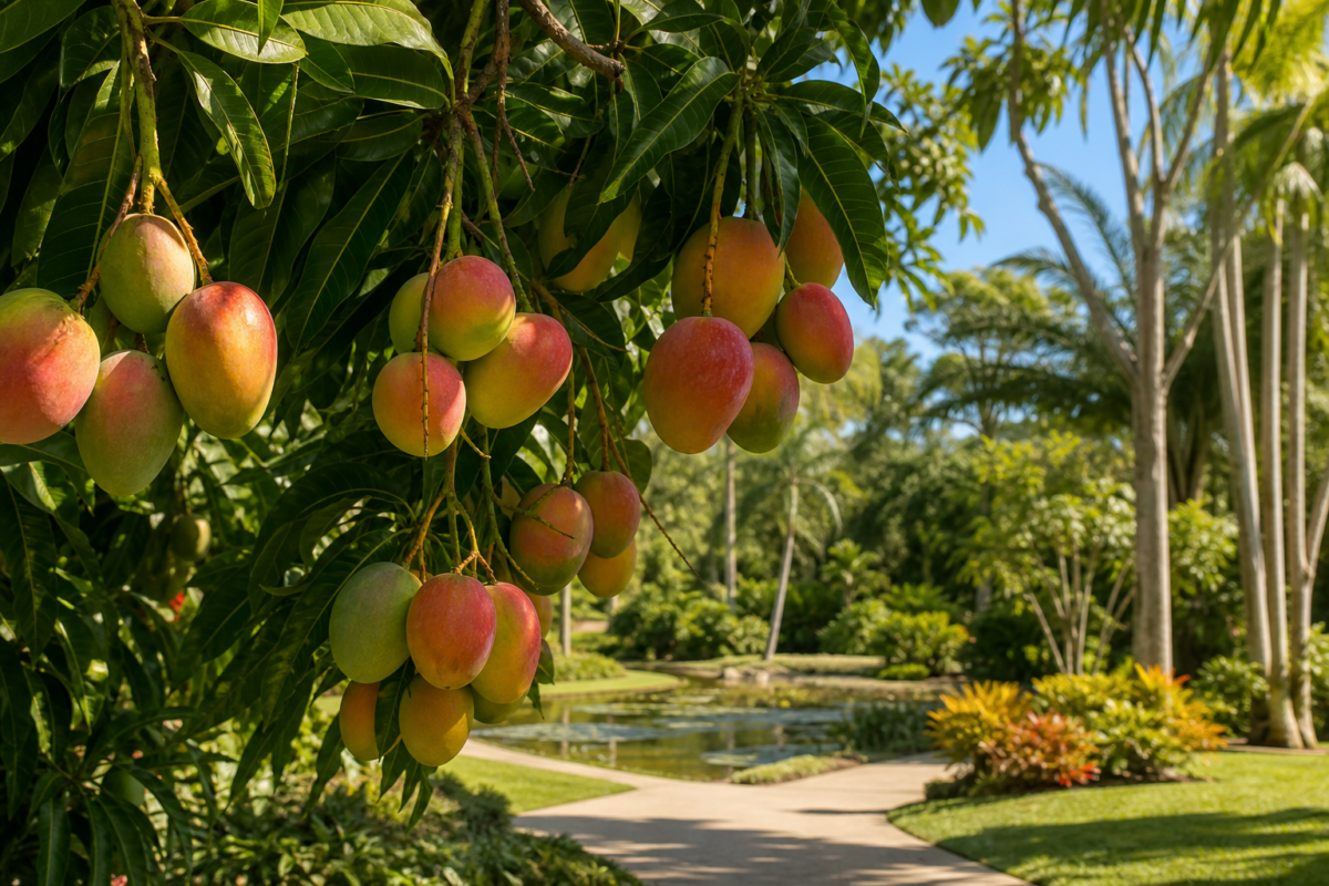 Ripe mangoes on a South Florida mango tree at Fairchild Tropical Botanic Garden during Miami mango season