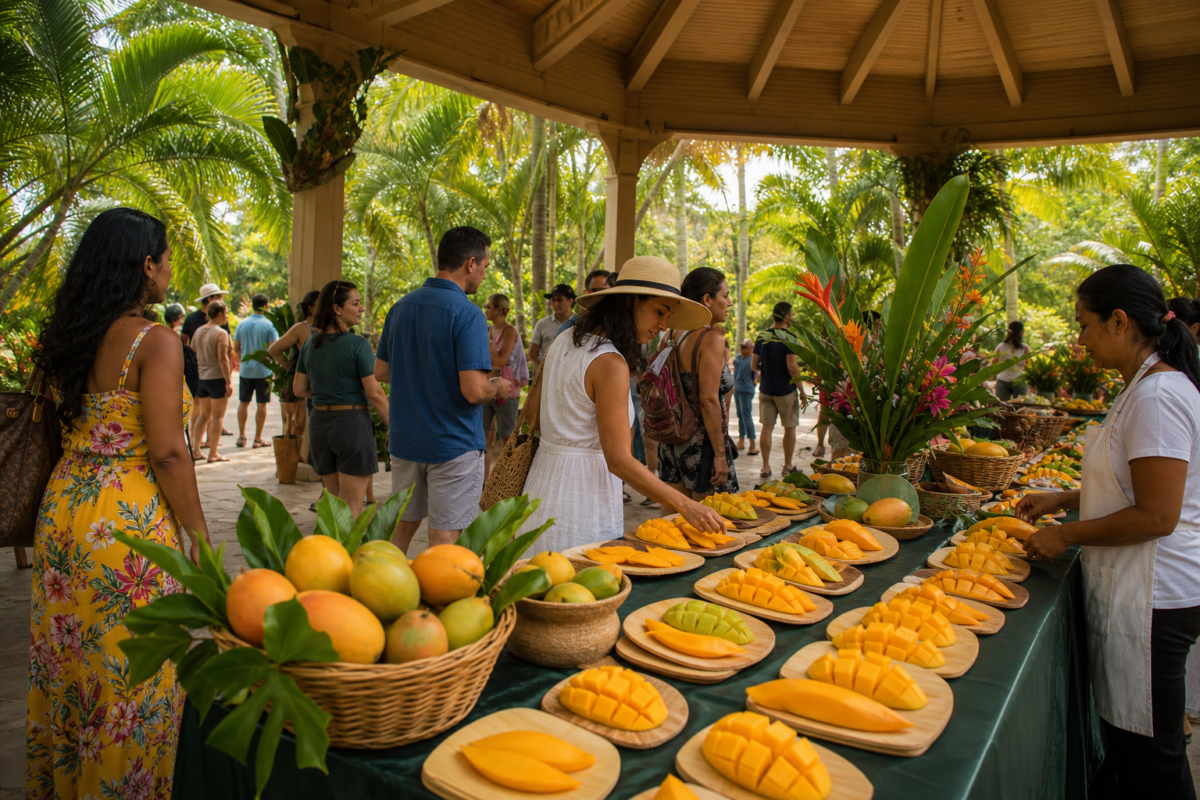 Visitors walking through a tropical garden pavilion with mango displays at a Fairchild Mango Festival style event