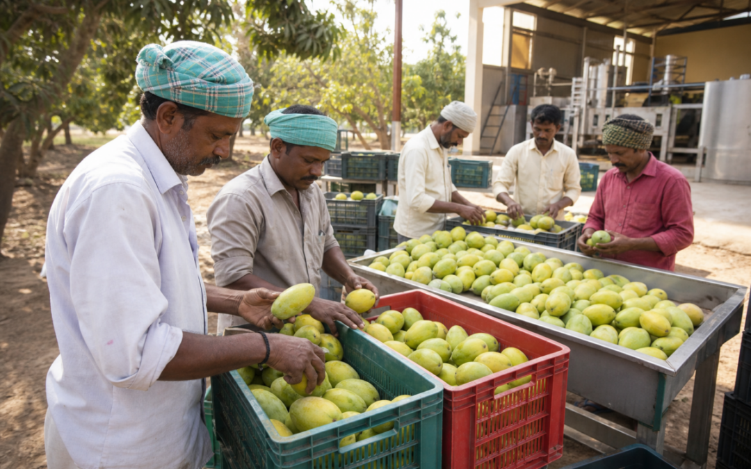 Mango farmers sorting Totapuri mangoes for pulp and value-added products in a South Indian orchard