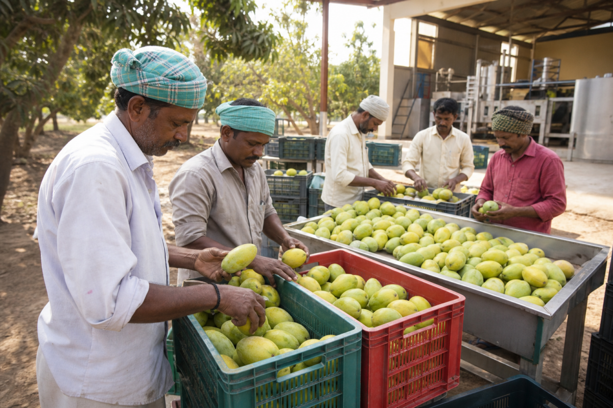 Mango farmers sorting Totapuri mangoes for pulp and value-added products in a South Indian orchard