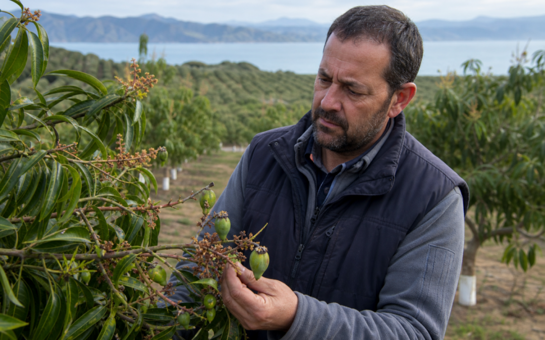 Mango grower inspecting sparse fruit in an orchard after a cold spring damaged the crop