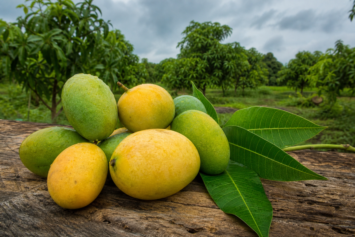 Rare Dofala mangoes from Bengal displayed with mango leaves