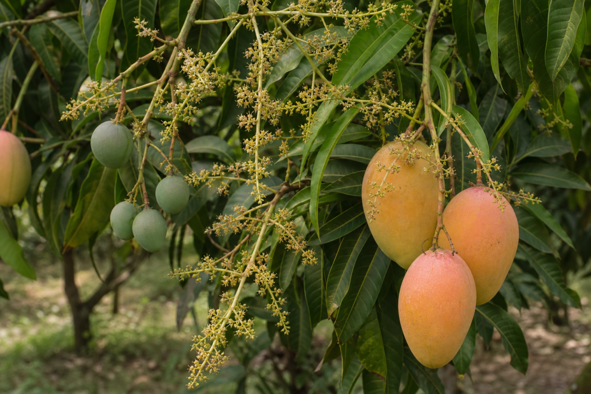 Mango branch showing flowers, young fruit, and ripe mangoes to illustrate twice-bearing behavior