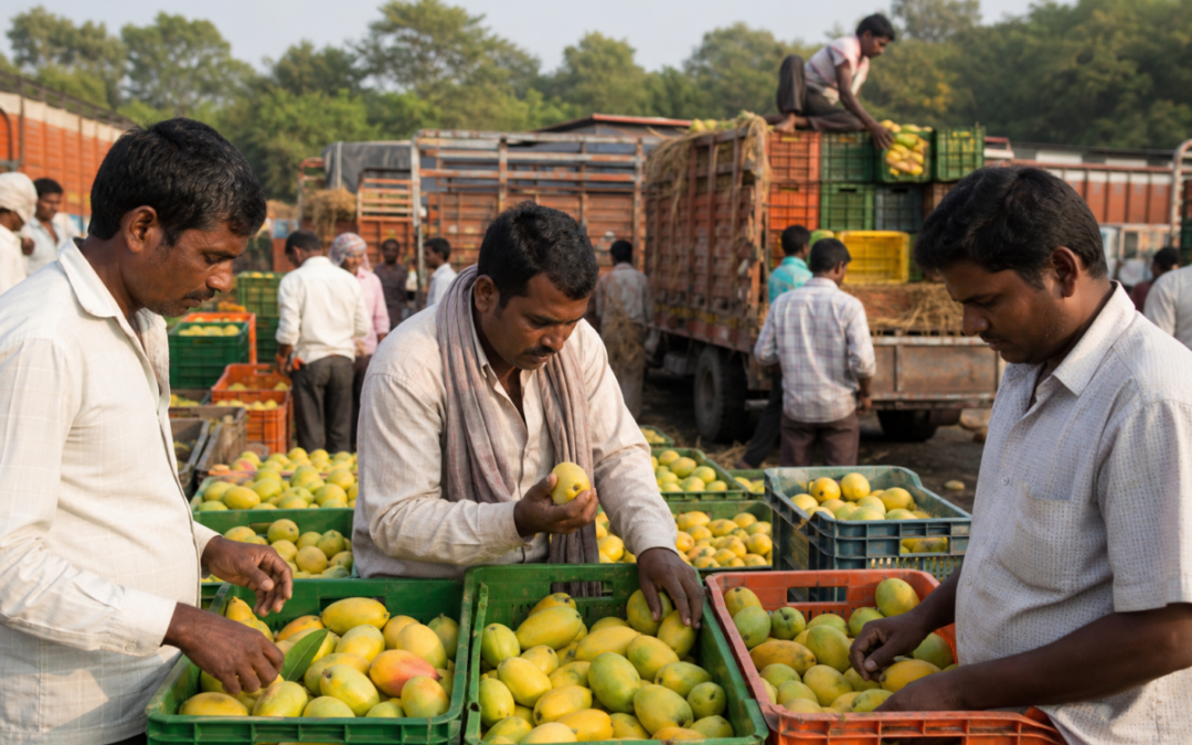 Karnataka mango growers sorting crates of ripe mangoes during the 2026 price support debate