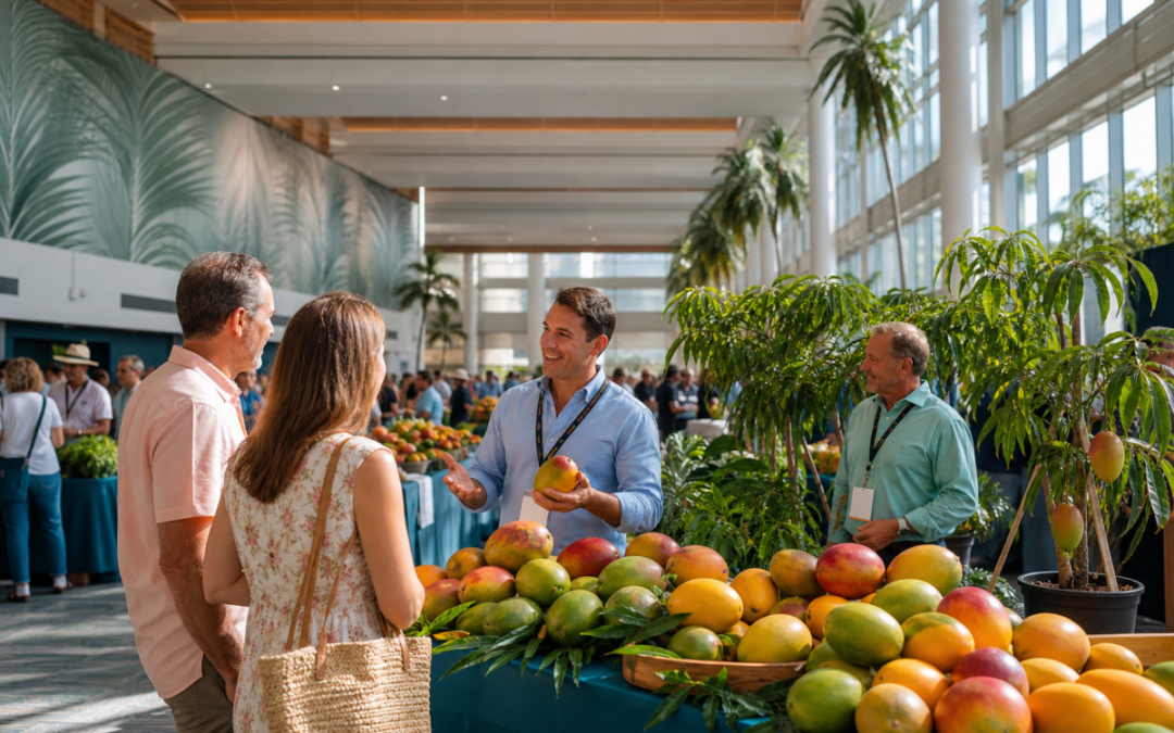 Festival tables filled with colorful mango varieties and tropical fruit growers at an indoor West Palm Beach mango event