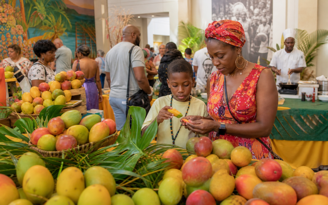 Mango festival display with fresh mango varieties and a chef demonstration in South Florida