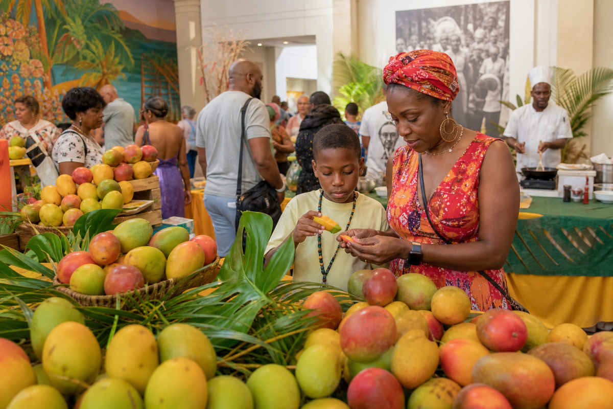 Mango festival display with fresh mango varieties and a chef demonstration in South Florida
