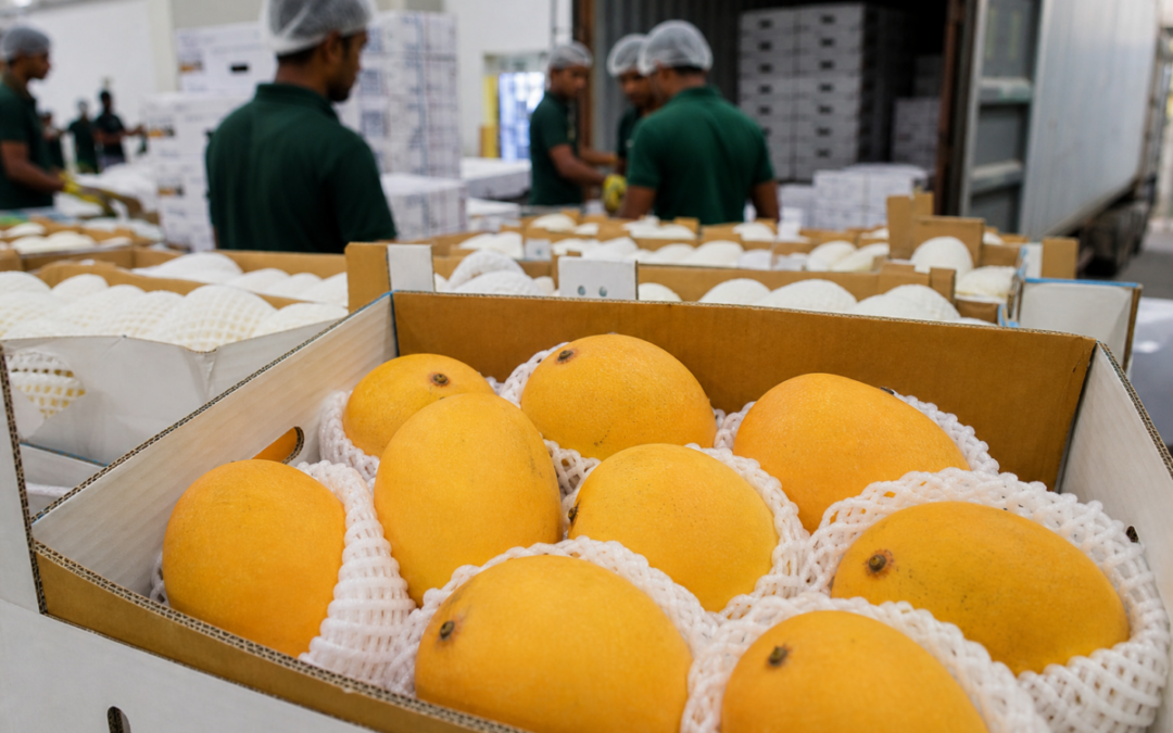 Premium Indian mangoes packed in export cartons for the U.S. market as Sonpari joins Kesar and Alphonso in overseas shipments