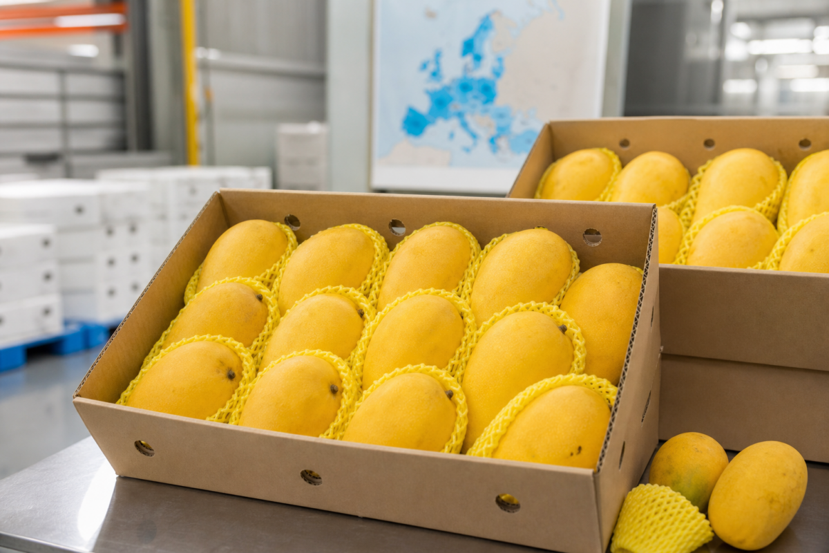 Premium Guimaras mangoes packed in export cartons for a Europe market test shipment