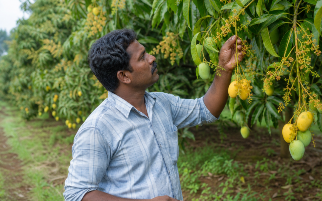 Muthalamada mango orchard in Kerala showing early-season fruit and grower inspection for climate and pest stress