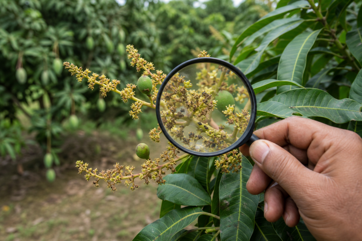 Close-up of mango blossoms and young fruit being inspected for pest damage in an orchard