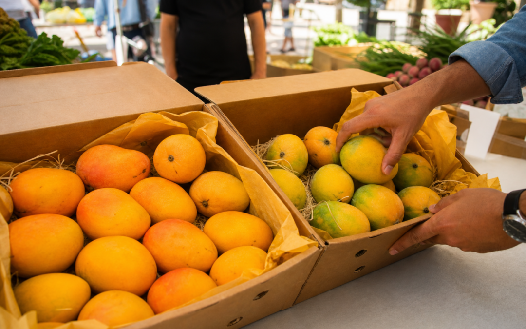 Boxes of premium Indian Alphonso and Kesar mangoes at a U.S. market pickup, illustrating growing demand for imported mango varieties.