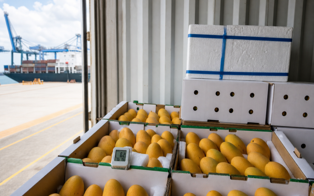 Banganapalle mangoes packed in export cartons inside a refrigerated shipping container for sea freight to Singapore