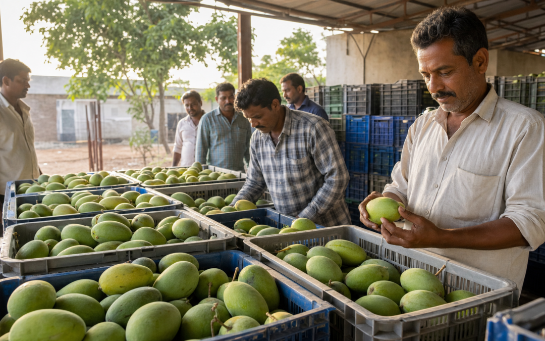Totapuri mangoes being sorted for market as Karnataka growers face processing mango price pressure