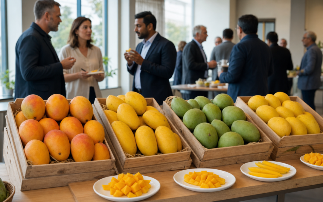 Premium Indian mango varieties displayed for an Iceland export promotion event