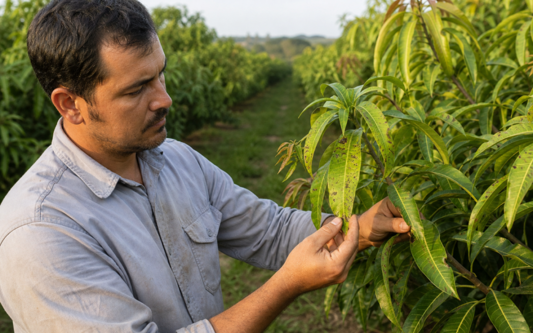 Mango grower inspecting a São Paulo orchard as disease pressure challenges the 2026-27 season