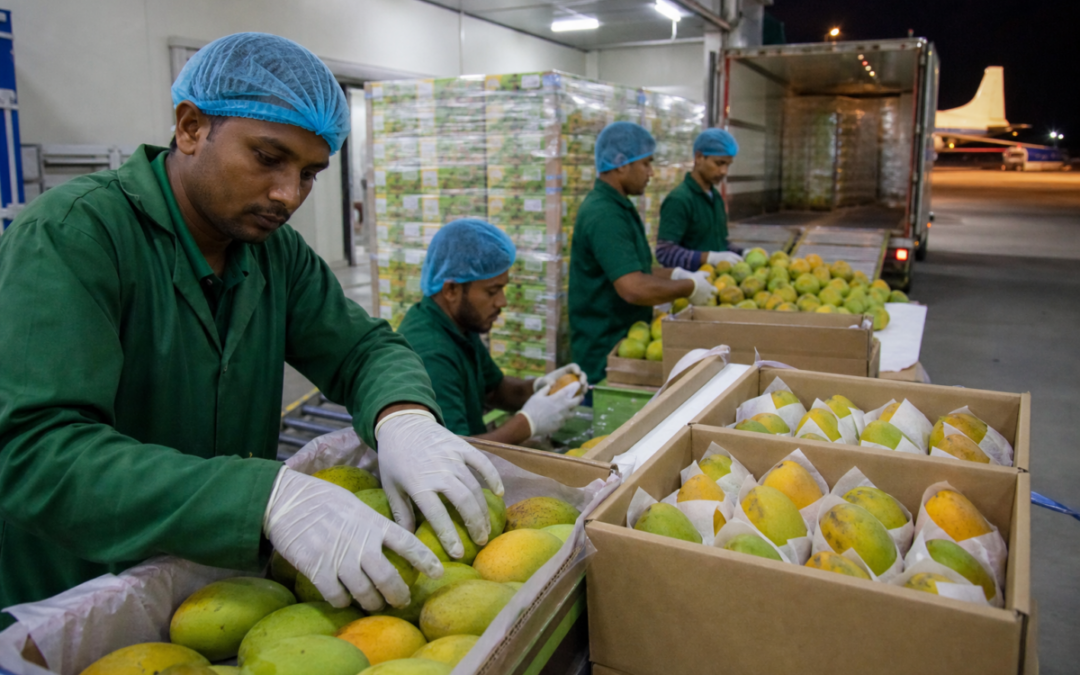 Fresh mangoes packed for export in a cold-chain warehouse before air freight shipment