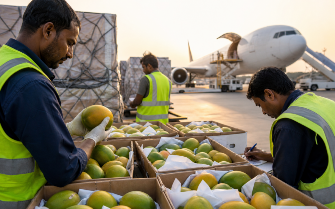 Crates of Bangladeshi mangoes prepared for air freight export at a cargo terminal