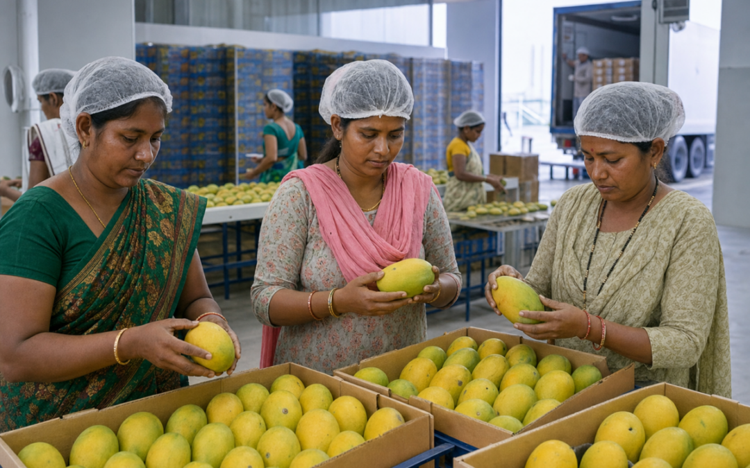 Amrapali mangoes being packed for export by women farmer collectives in Jharkhand