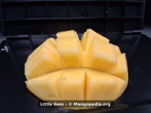 Little Gem mango cut into cubes showing pale yellow smooth flesh - Little Gem mango