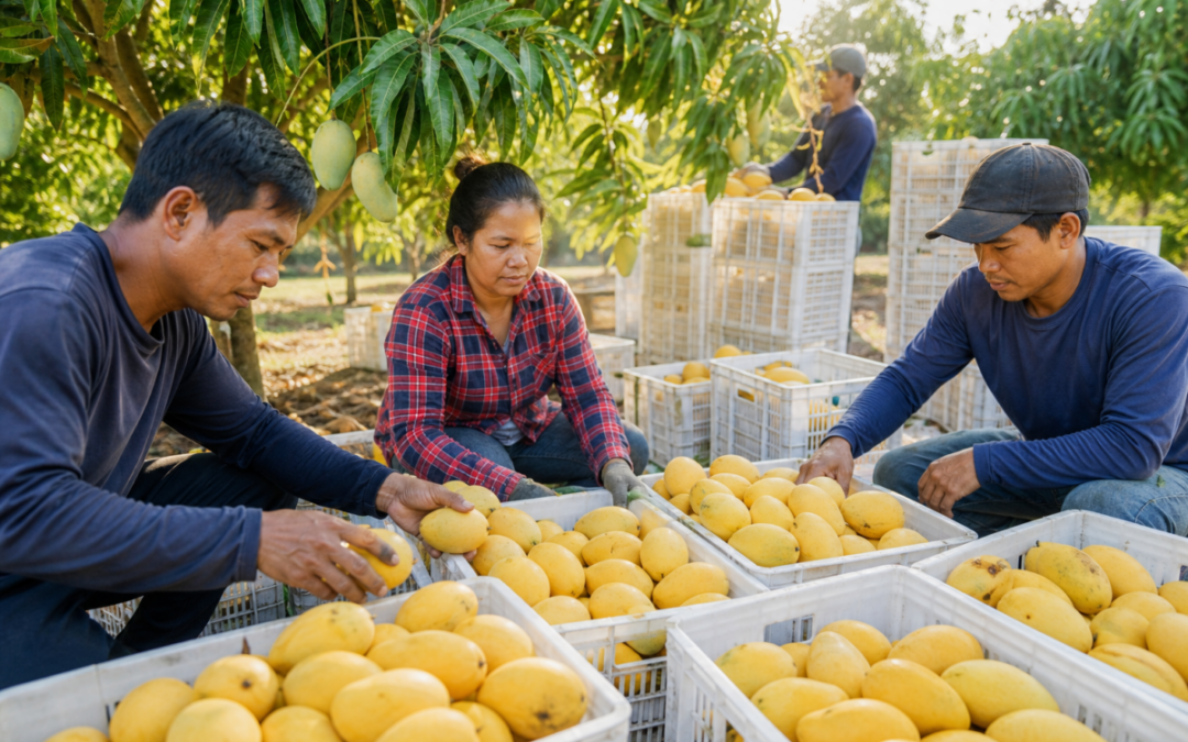 Filipino mango growers sorting ripe Carabao mangoes into export crates in a Mindanao orchard