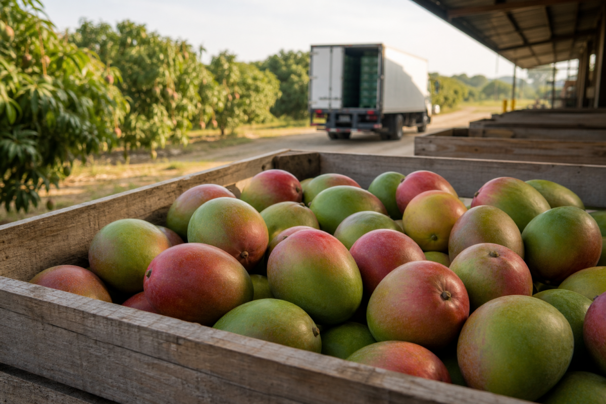 Crates of late-season Keitt and Kent mangoes representing tighter Mexican mango supplies in summer 2026