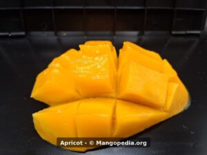 Apricot mango cut cheek cubes on black tray showing orange flesh - Apricot mango