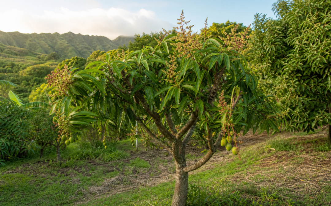 A compact pruned mango tree in Hawaii representing delayed mango season recovery and better airflow.
