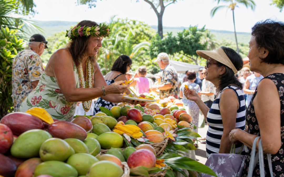 Outdoor Hawaiʻi mango festival with ripe mango varieties and local grower tasting tables