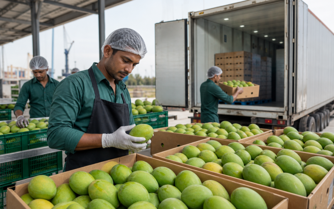 Indian Dasheri and Langra mangoes packed in export cartons beside a refrigerated shipping container