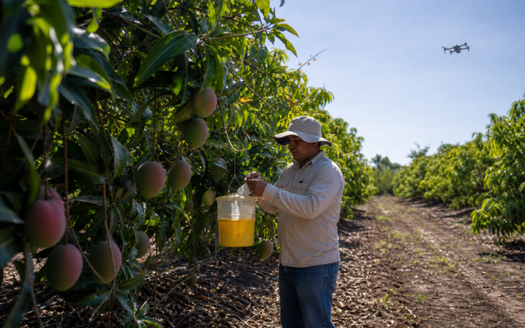 Mango orchard in Jalisco with a plant-health technician checking fruit fly monitoring equipment