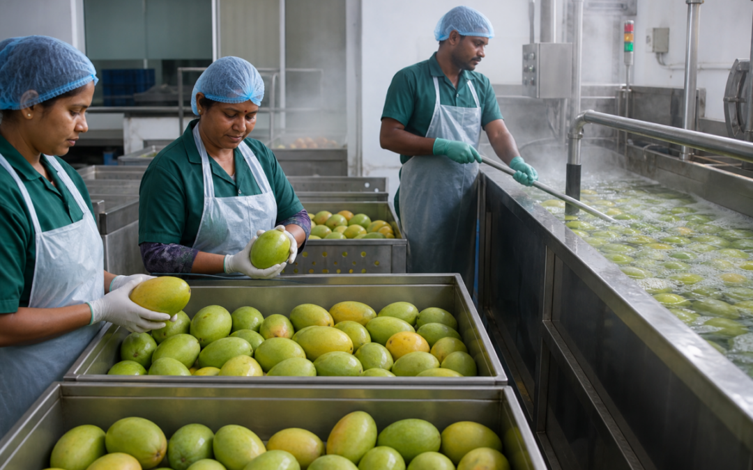 South Indian mangoes being inspected after hot water treatment in an export packhouse