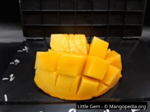Little Gem mango cubed cheek on black measuring board - Little Gem mango